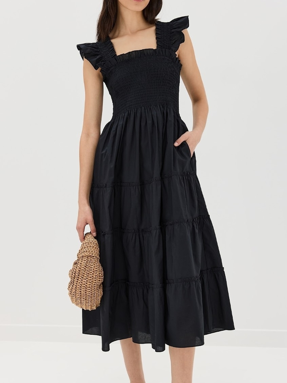 Black Polka-Dot Smocked Tiered Midi Dress with Ruffle Straps